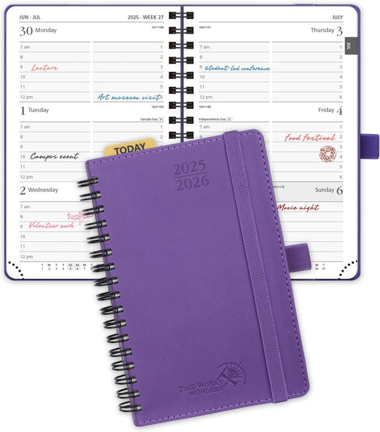 POPRUN Pocket Planner 2025-2026 (Purse Size 4'' x 6.25'') Academic Small Calendar (July 2025 - June 2026) with Hourly Time Slots, 100GSM Thick Papers, Spiral Leather Cover - Purple