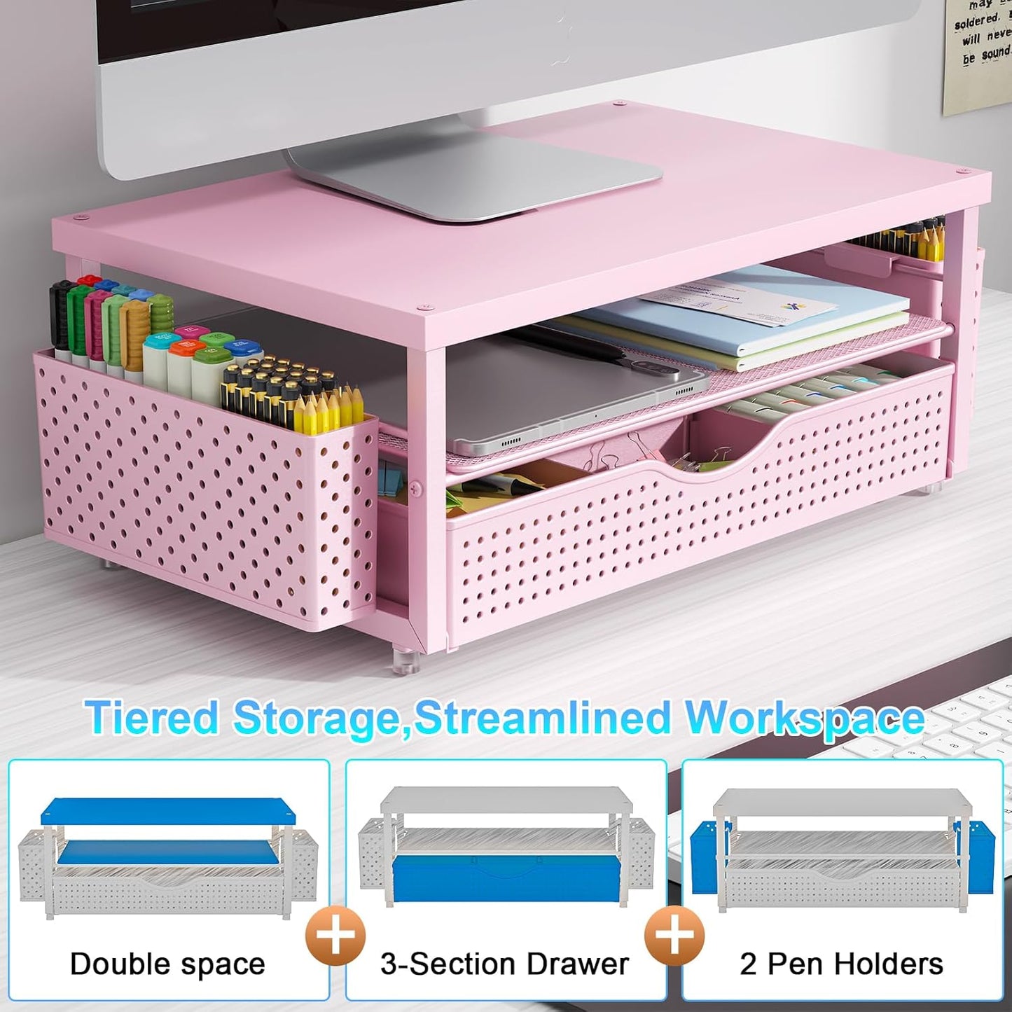 gianotter Wood Monitor Stand Riser, Desk Organizer with Drawer and 2 Pen Holders, 2-Tier Workspace Organizer for Office Supplies(Pink Wood)