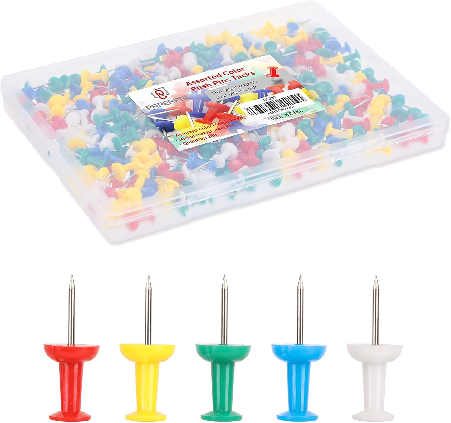 PAPERPAL 280 Assorted Color Push Pins for Cork Board, Colorful Thumb Tacks for Wall Hangings, Pushpins for Office School & Personal Use, Standard Size Push Pin Tacks