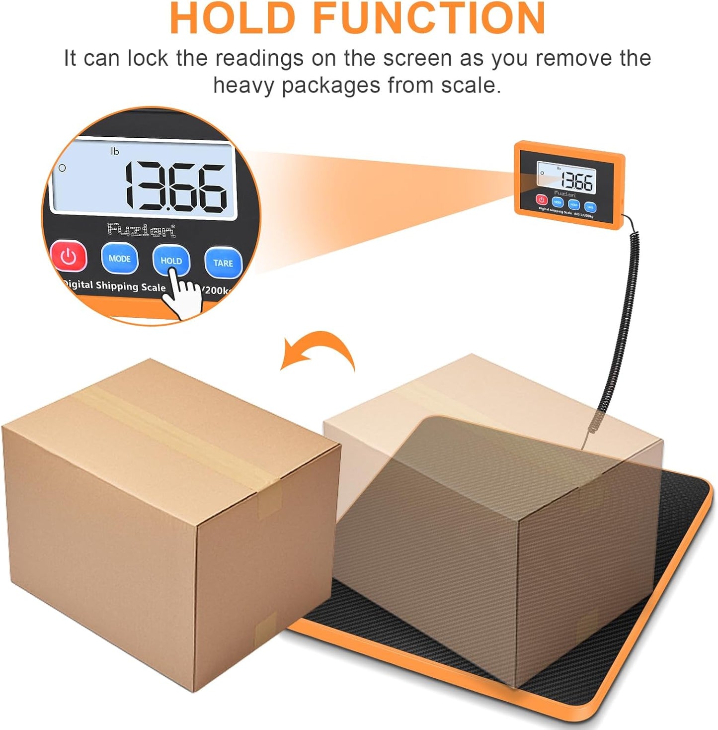 Fuzion Shipping Scale, 440LB/200KG x 10g Digital Postal Scale, Hold/Tare Function, Postage Scale for Packages Small Business/Luggage/Mailing, Battery & AC Adapter Included