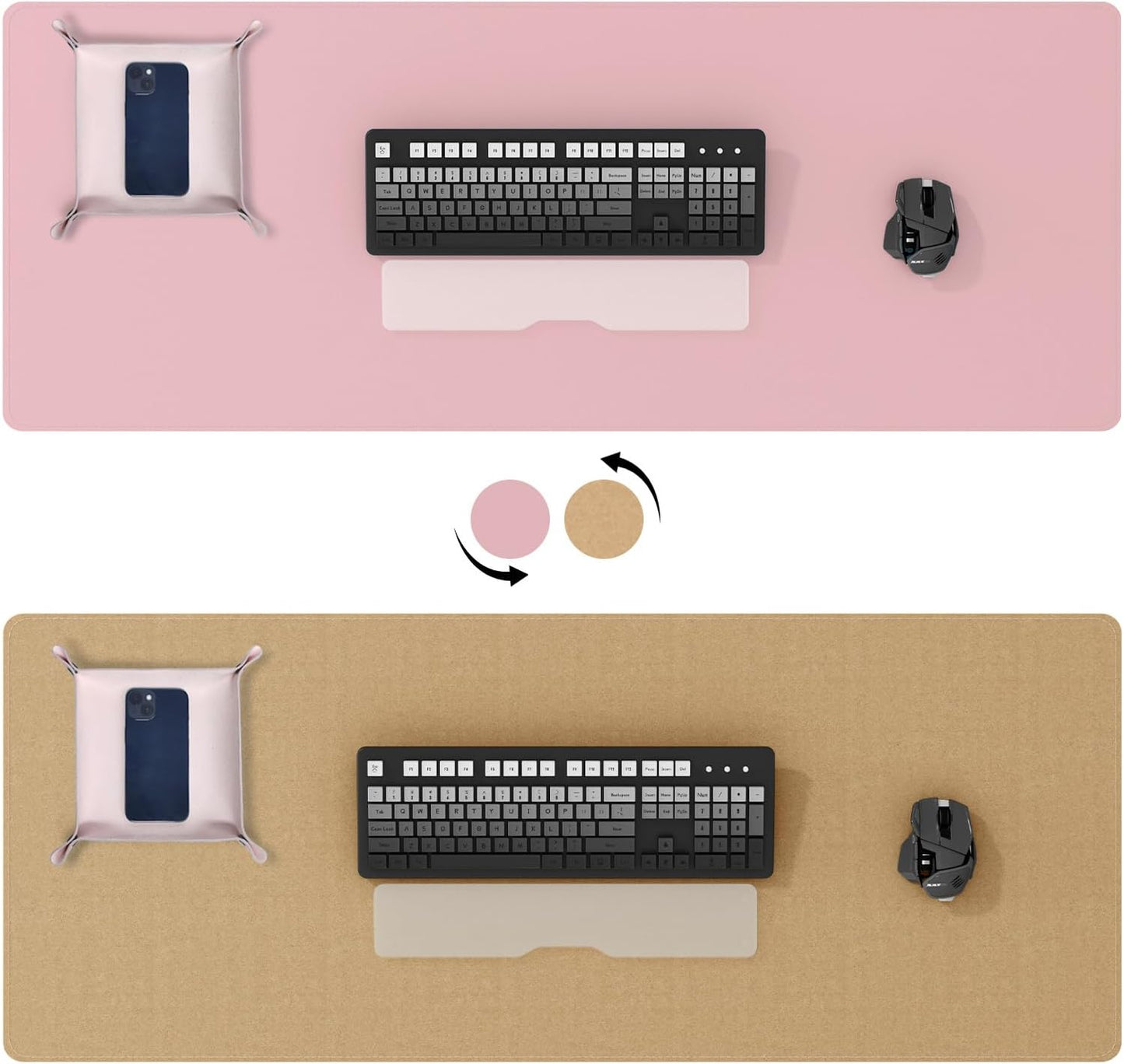 DAWNTREES Pink Desk Mat,Leather Desk Pad,40"x16",Cork Desk Mat Protector,with PU Leather Valet Tray Organizer,Large Mouse Pad,Desk Writing Pad for Office and Home