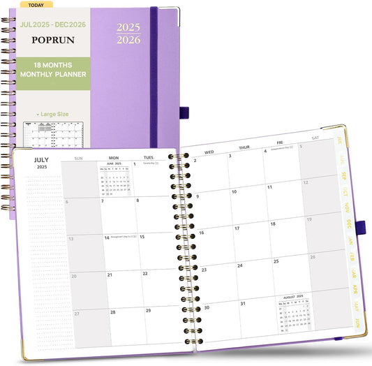 POPRUN Monthly Planner 2025-2026 Spiral Hardcover (8'' x 10''), 18 Months Calendar (Jul.2025 - Dec.2026)- 2 Pages per Month with Dotted Note Pages, Sunday Start, Laminated Tab - Violet