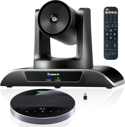 Tenveo All-in-One Conference System 3X Optical Zoom PTZ Camera and MagiCall Bluetooth Speakerphone Upgraded System Audio and Video Output USB3.0/HDMI/RS485/RS232 Works with Zoom OBS for Large Meeting