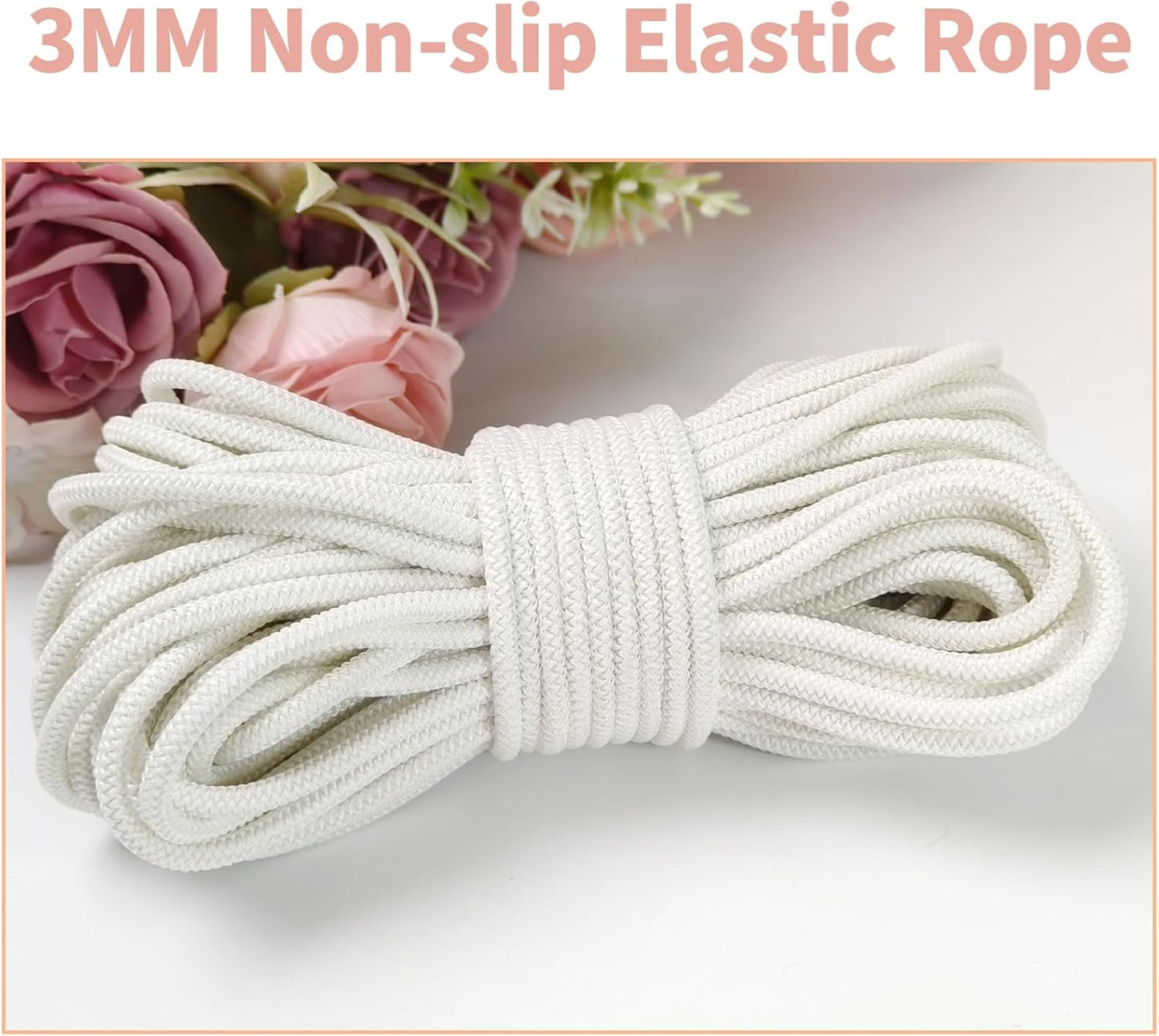 1/8 inch Non-Slip Elastic Band -3mm 15 Yards Soft Elastic Cord Stretch String Braided Thread for Sports Gear, DIY Crafts, Hair Bands,Shoelaces, Apparel Making & Camping Tie Down (White)