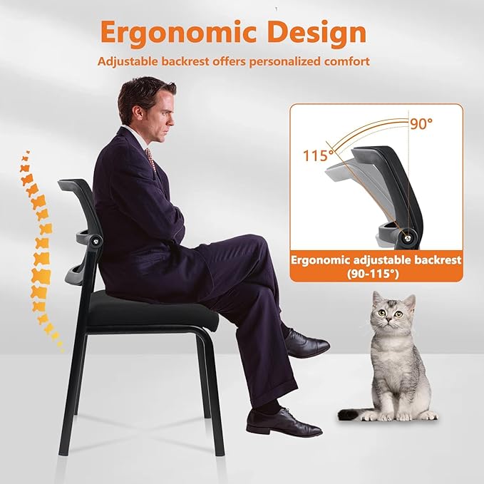 CLATINA Stacking Armless Office Waiting Room Chair with Adjustable Backrest, Stackable Mesh Guest Reception Desk Chairs with Ergonomic Lumbar Support for Conference Lobby Side School, Black, 8 Pack