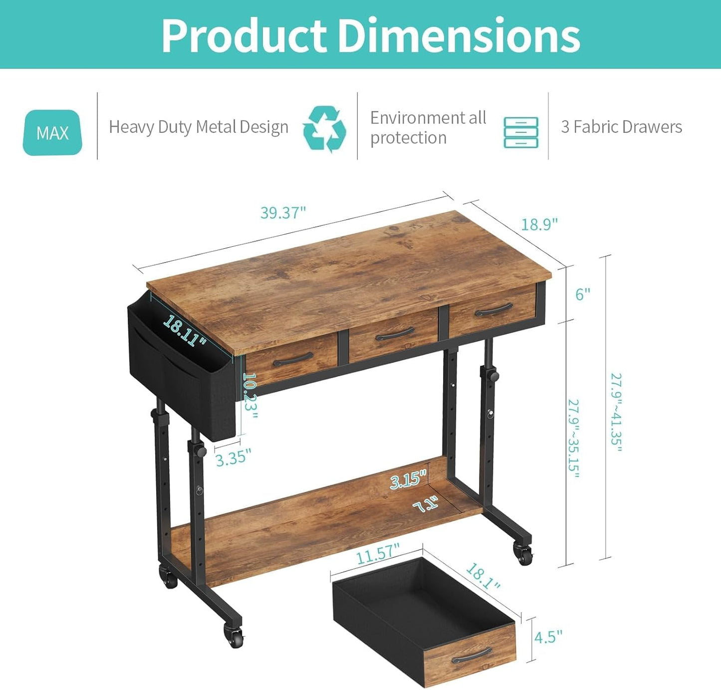 Rolling Standing Desk Adjustable Height with Drawers on Wheels, 40 Inch Portable Mobile Stand Up Computer Desks for Bedroom Home Office, Couch Sofa Side Laptop Table with Storage, Rustic Brown