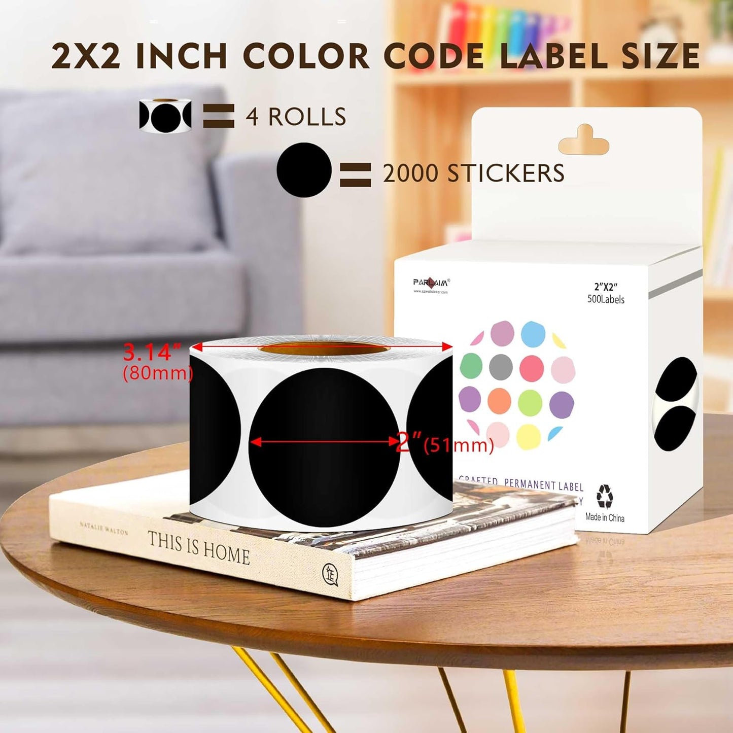PARLAIM 4 Rolls 2000Pcs Circle Sticker Roll Permanent Adhesive 2 inch Round Dot Color-Code Labels for Inventory, Black
