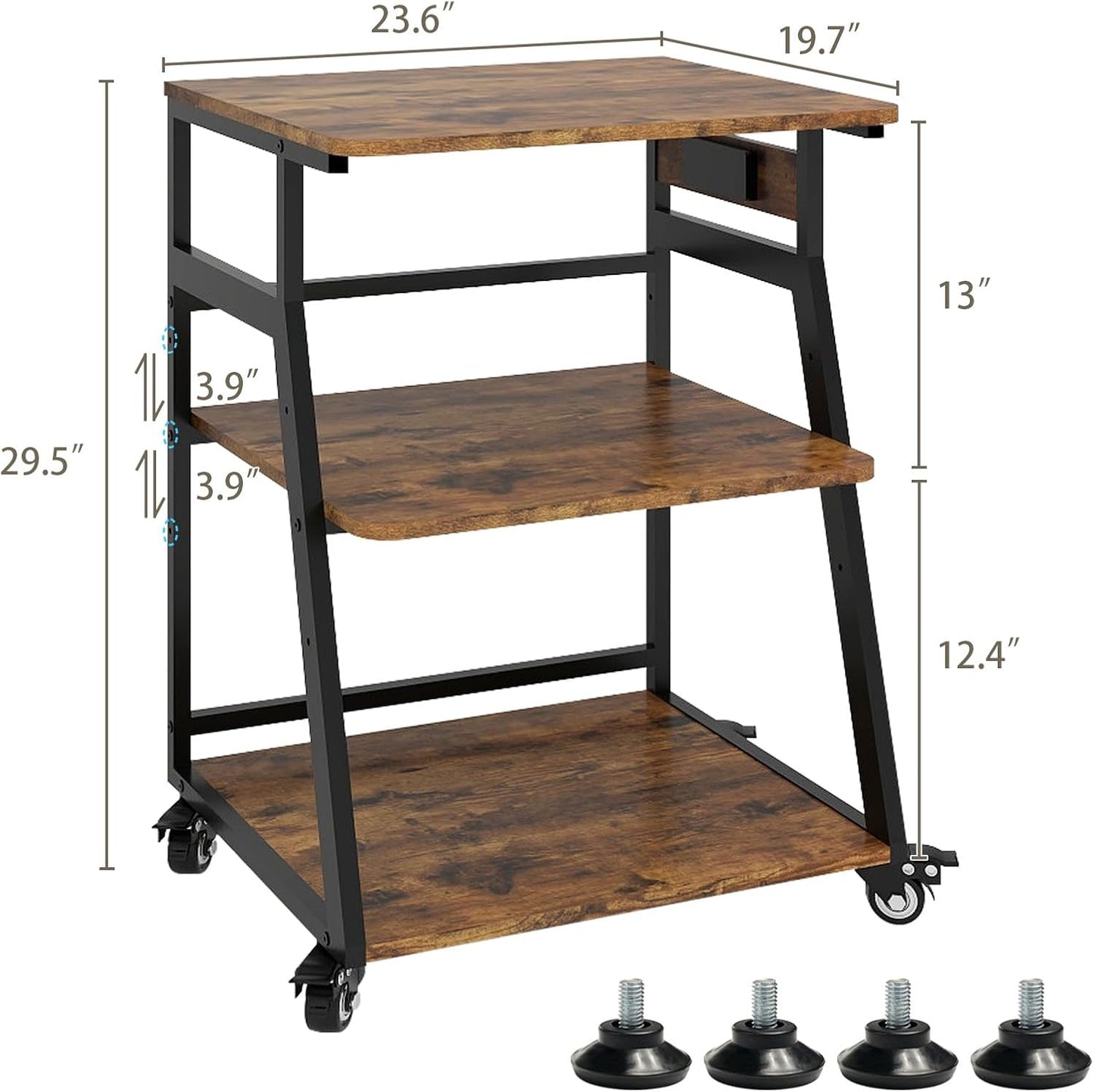 Natwind 23.6"x19.7" Large Printer Stand,3 Tier Printer Table with Charging Station, Rolling Cart with Adjustable Storage Shelf for Home Office Organization, Stand for Heat Press,3D Printer (Retro)