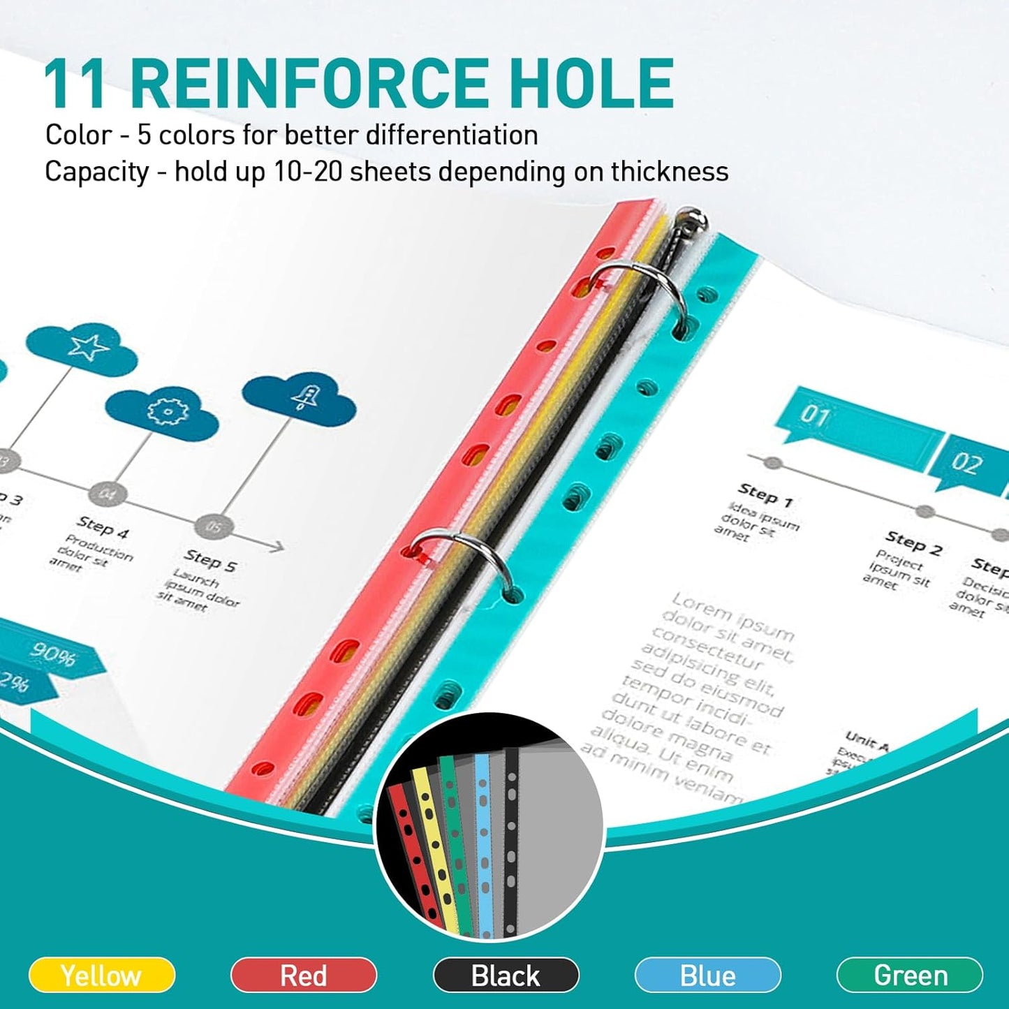 Sheet Protectors, PANDRI 400 Pack Color Heavy Duty Plastic Page Protectors Sheet Reinforced 11-Hole Fit for 3 Ring Binder Fits Standard 8.5 x 11 Paper, 9.25 x 11.25 Top Loaded, Excluding Acid