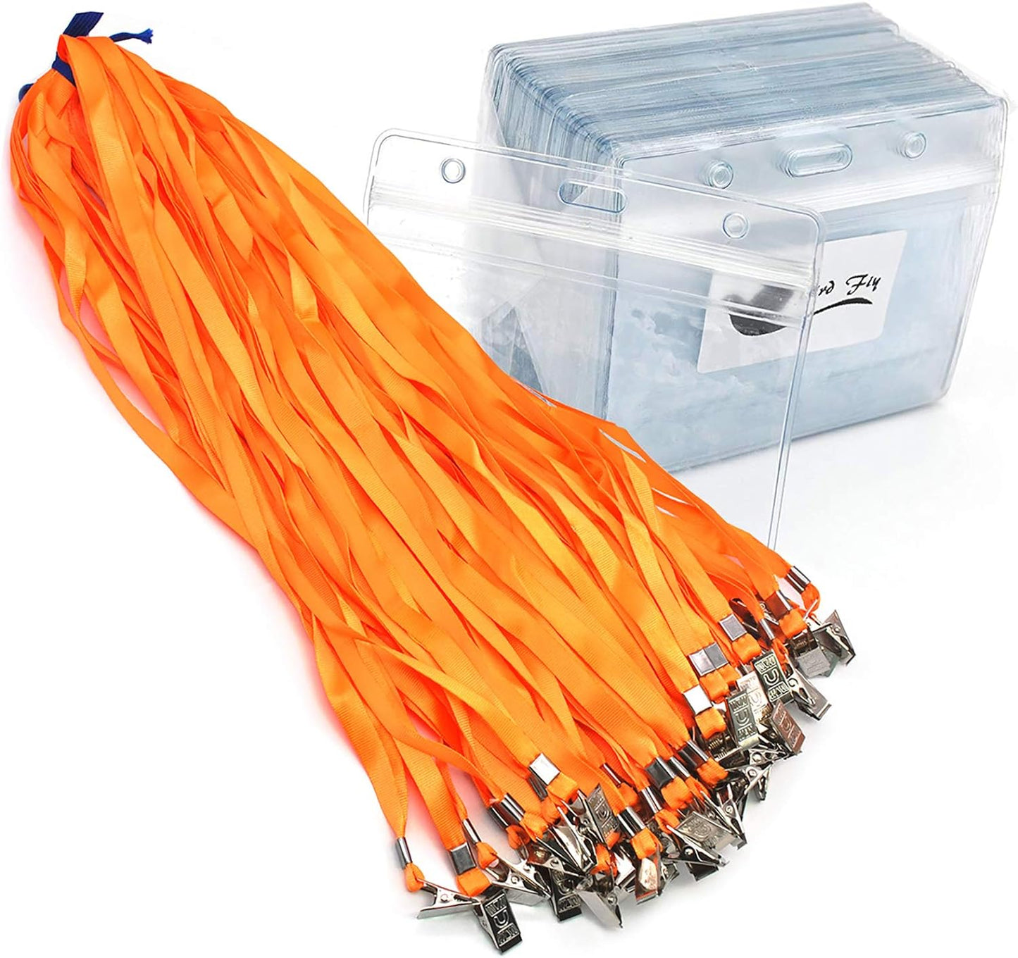 Bird Fiy Lanyards with id Holder Name Badges 50 Pcs Waterproof Plastic Horizontal Name Tag Badge Id Card and 50 Pcs Lanyard (Orange)