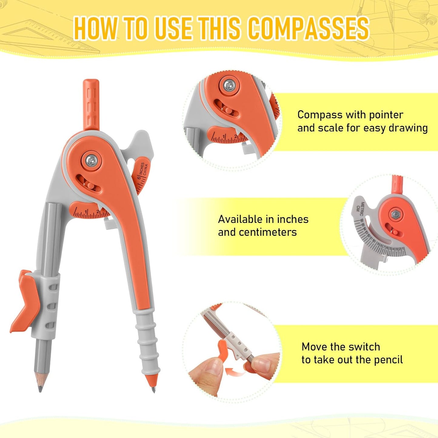 Chengu 12 Set Compass and Protractor Set, Multicolor Compass Geometry Tool 6 Inch 180 Degree Translucent Protractors for Geometry, Math Graphing Drawing Tools for Office and School Supplies