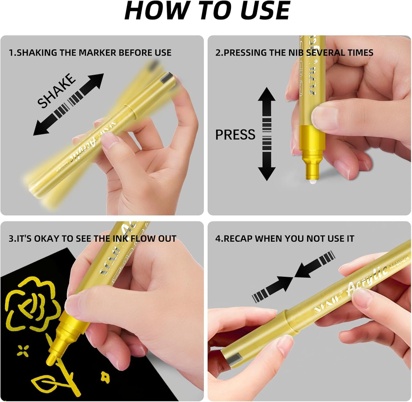 SFAIH Gold Paint Markers Pens - 4 Pack 2-3MM Medium Tip Metallic Acrylic Markers for Poster Board, Wood Signs, Glass Jars, DIY Home Decor