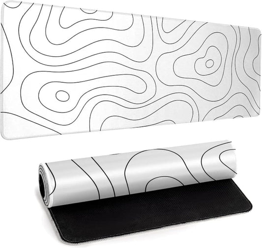 White Large Gaming Mouse Pad Desk Pad Topographic Map Big Keyboard Mat 31.5x11.8inch Computer Mousepad with Stitched Edge Non-Slip Rubber Base
