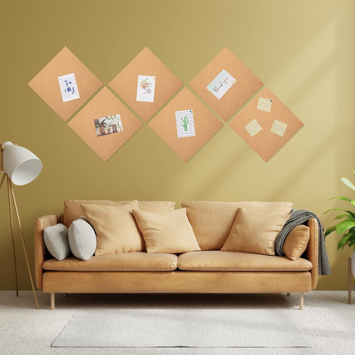 6 Pack Cork Bulletin Board 12 x 12 Inch - 1/2" Thick Cork Board Tiles,Self-Adhesive Frameless Cork Tiles Wall Decor with 50 PCS Pushpins for DIY, Office, School and Home Decor