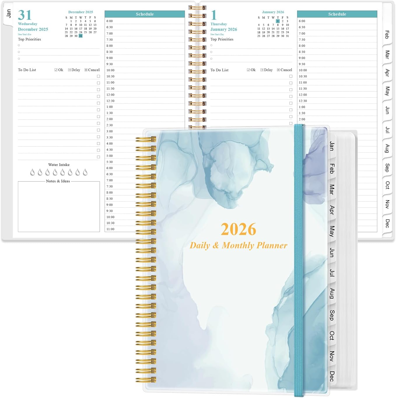 2026 Daily & Monthly Planner - One Page Per Day, Daily Planner from January 2026 - December 2026, Planner 2026 with 12 Monthly Tabs, 8.5" x 11", Blue Watercolor
