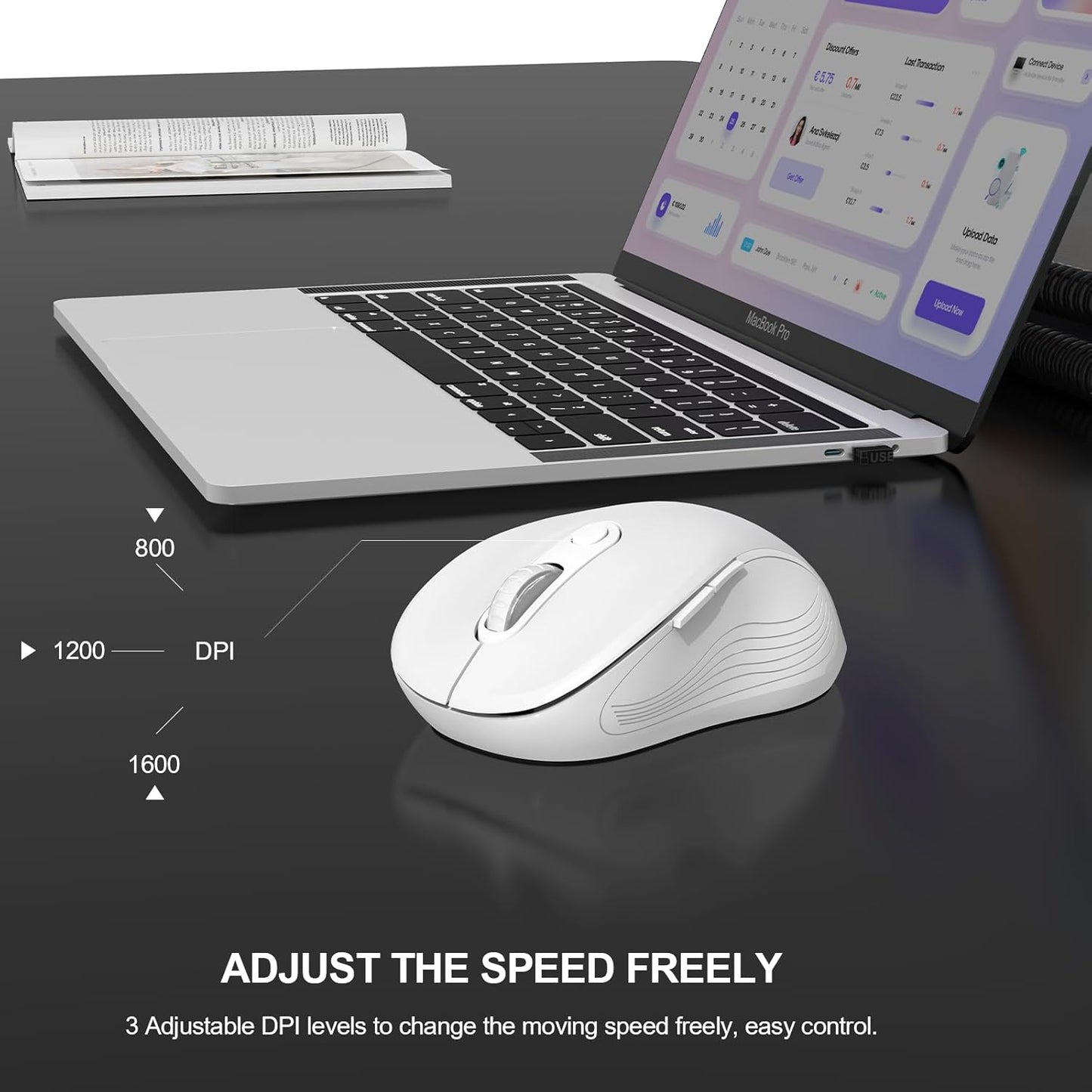 WisFox 2.4G Wireless Mouse for Laptop, Ergonomic Computer Mouse with USB Receiver and Type-C Adapter, 3 Adjustable Levels DPI, 6 Button Cordless Wireless Mice (White, 1 Pack)