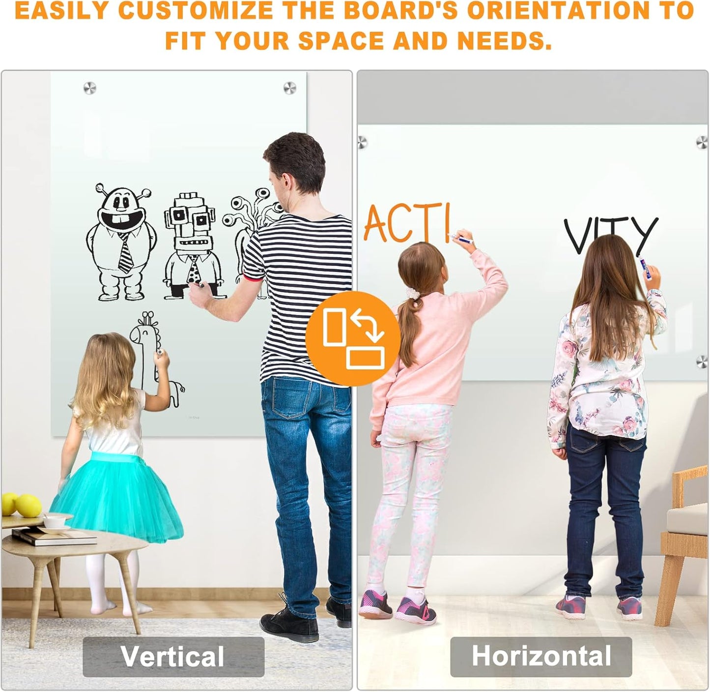 H-Qprobd Dry Erase White Board for Wall 72"x40" Magnetic Glass Frameless Whiteboard Mount for Home School Supplies or Home Office Decor, Includes 8 Magnets, 8 Markers and 2 Erasers