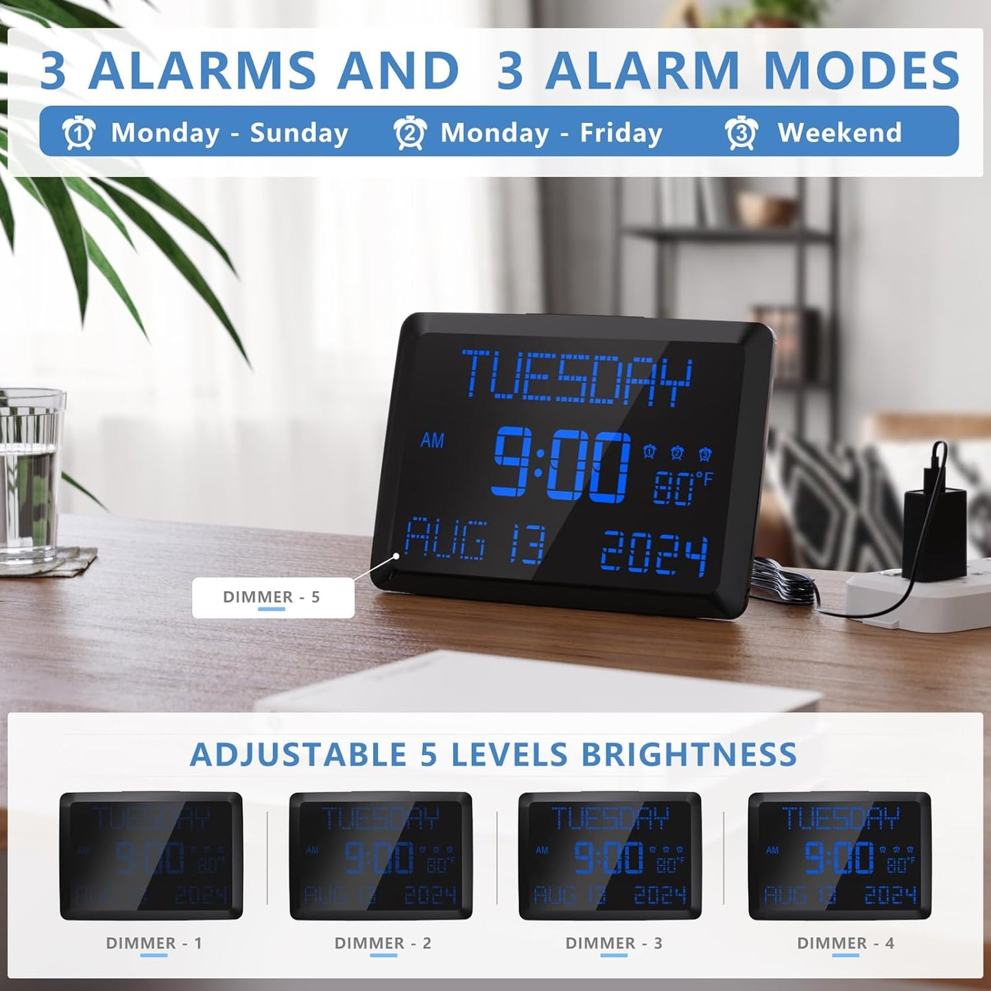 Raynic Digital Clock, 11.5" Large Display Calendar Clock with Day and Date, Indoor Temperature, Adjustable Brightness, Snooze,12/24H, DST for Home, Office, Elderly