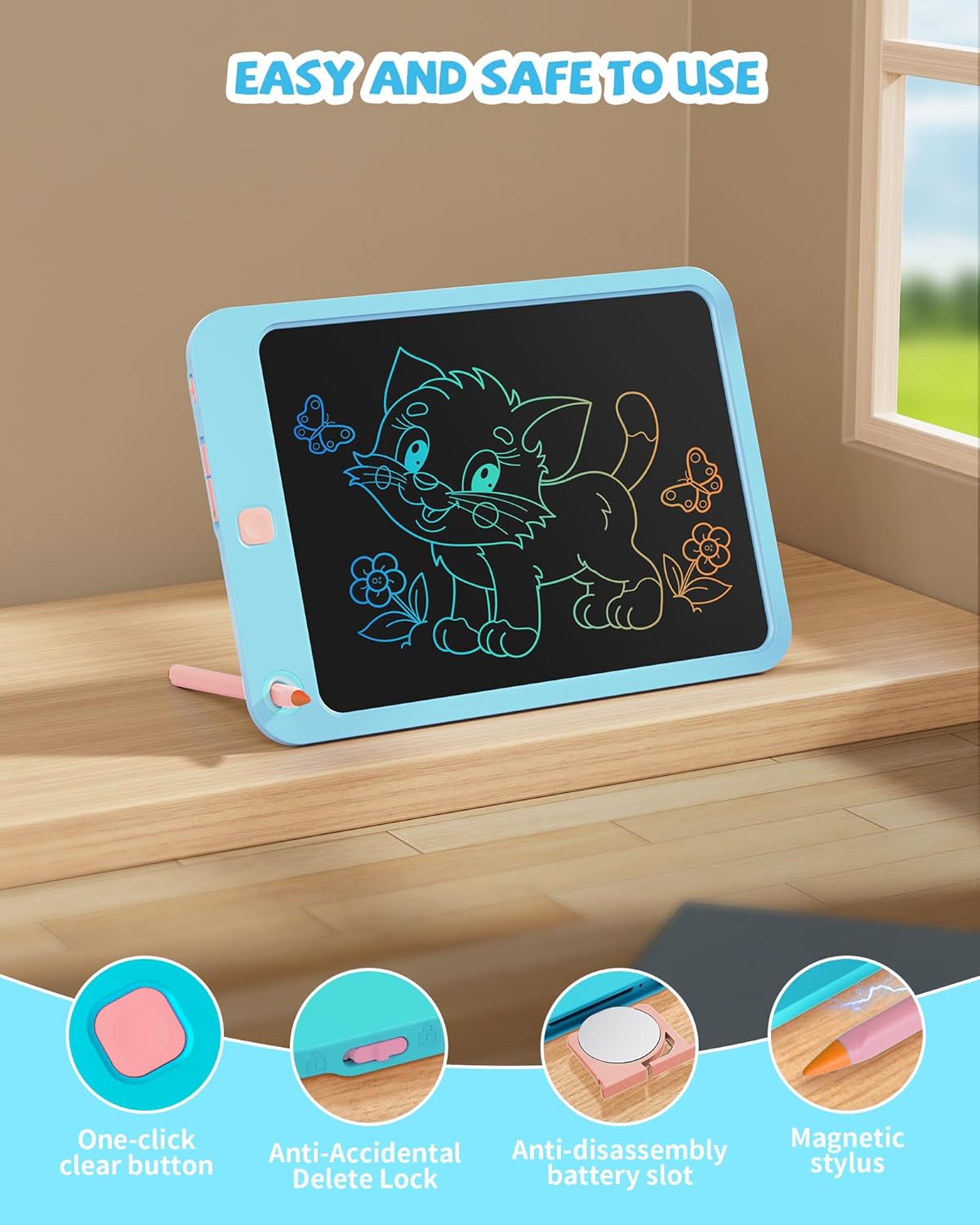 LCD Writing Tablet 10 Inch, Toys for 3 4 5 6 7 8 9 10 Year Old Boys Girls, Colorful Doodle Board Drawing Tablet, Gift for Boys Toddlers Age 3-12 Years, Memo Board, Drawing Pads with Lanyard(Lake Blue)