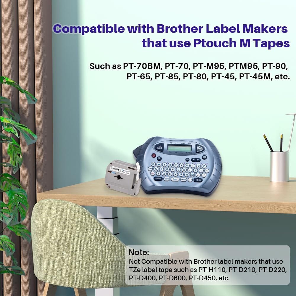 6X Replacement for M-k231s Brother Label Tape 12mm 0.47 M-K231s M Tape 12mm 0.47'' M231 MK231 M-231 White Work with Brother P Touch PT-65 PT-M95 PT-90 PT-70 PT-80 PT-70BM PT-45 Label Maker Refills