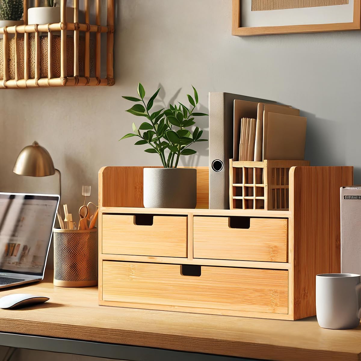 Bamboo Desk Organizer With 3 Drawers Desktop Organizer Modren Table Storage Organizer For Office Home Toiletries Supplies Vanity Kitchen, No Assembly Required, Odorless