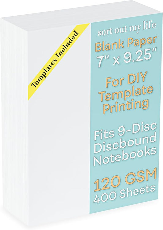 Blank 7 x 9.25 Inch Paper, 120 GSM, 400 Sheets, DIY Template Printing in Happy Planners, Classic Size Unpunched, Loose Leaf, White, Discbound 9 Disc Planner Refill