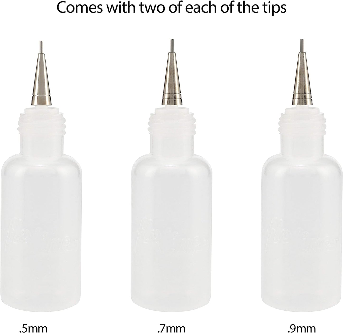 Flo Line Precision Tip Applicator Bottle - Fine Tip Squeeze Bottles for Fluid Media, Inks, Acrylics, Watercolor, Quilling, Paint Bottles with Tip Pack of 6 - 0.5oz bottles w/ 0.5, 0.7, 0.9 Metal Tips