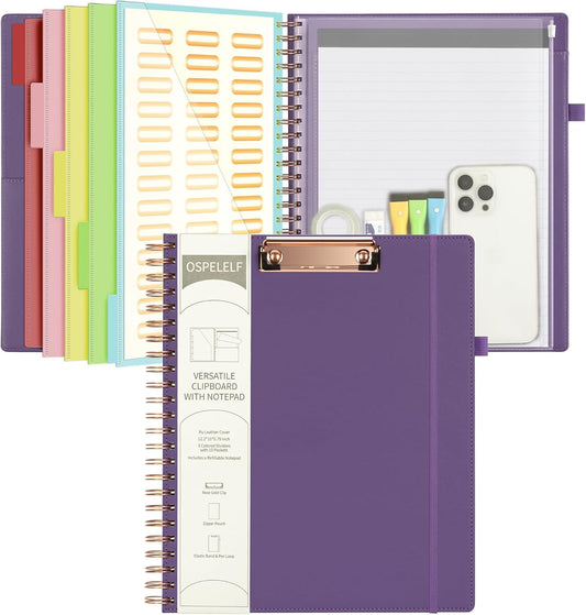 Ospelelf Leather Spiral Clipboard Folder with Storage Zipper Pouch, Foldable Clipboard Folio with Notepad for Letter Size, 5 Folders with 10 Pockets, 39 Divider Label Stickers (Purple)