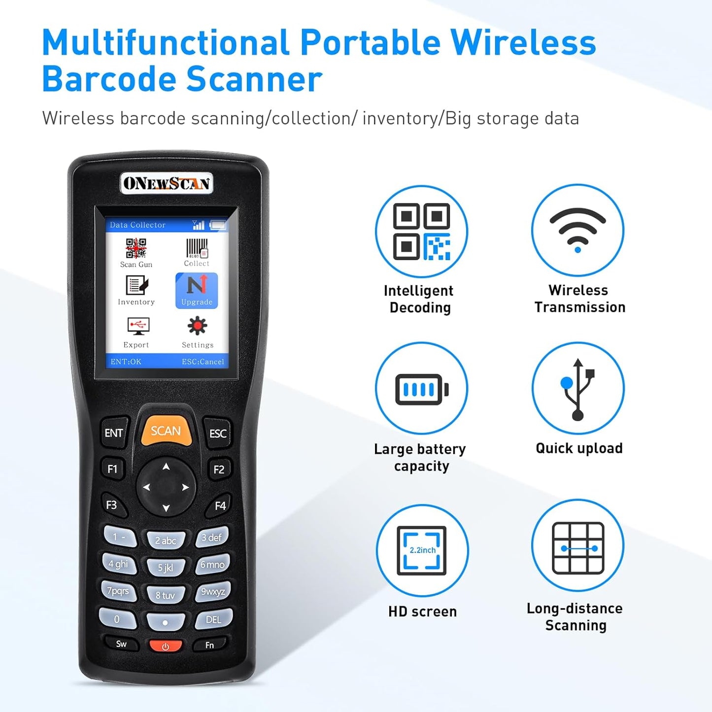 Inventory Scanner, Wireless Barcode Scanner 1D&2D&PDF417 Portable Handheld QR Barcode Reader for Collector Data Terminal Inventory Device with 2.2 Inch TFT Color Screen