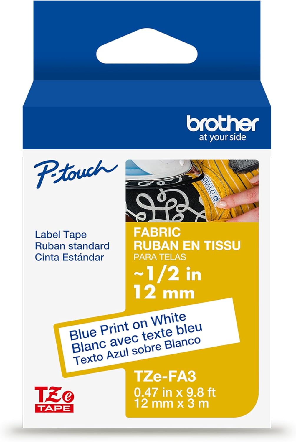 Brother Genuine P-Touch TZe, Navy Blue Print on White Fabric Label Tape (TZeFA3),1/2in x 9.8ft (12mm x 3m), for Select P-Touch Label Makers, Can be Ironed onto Virtually Any Cotton Item, Washable