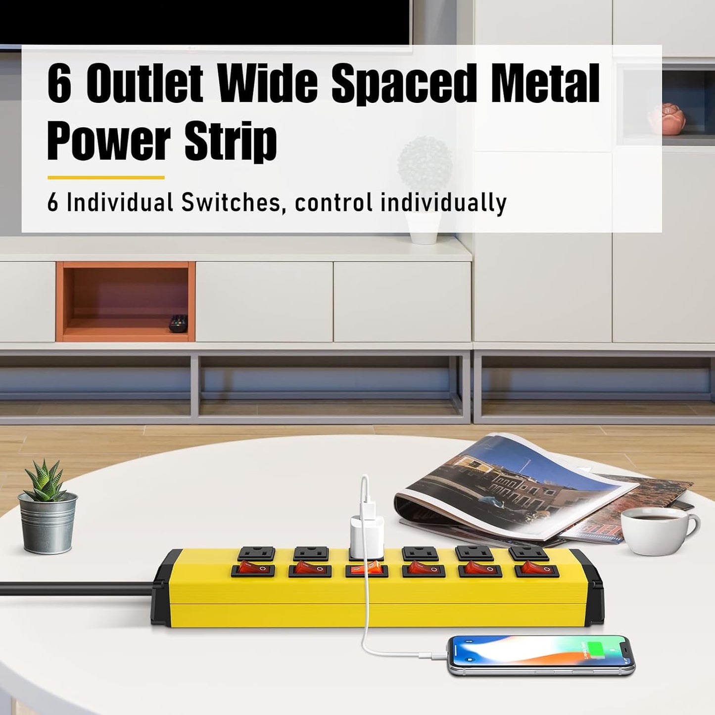 ANNQUAN 6 Outlet Metal Power Strip with 6 Individual Switches,Heavy Duty Power Strip 1200J 15A 3FT Cord Home Office Industrial Commercial Shop