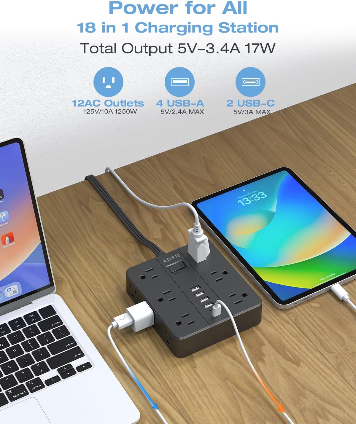 Flat Plug Power Strip, AOFO 5 Ft Extension Cord with 12 Outlets & 6 USB Ports (4 USB-A, 2 USB-C), Surge Protector, Ideal for Home, Office, Dorm, Large Spaces, Reliable and Safe, Black