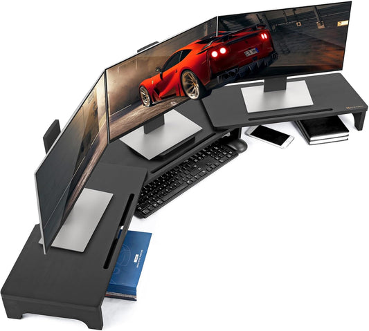 Nnewvante Monitor Stand Riser, Upgrade Height Large TV Riser, 60 inch Large Bamboo Dual Monitor Stand for Desk, 3 Shelves Desktop Screen Riser with Adjustable Length Angle for Computer Laptop Black