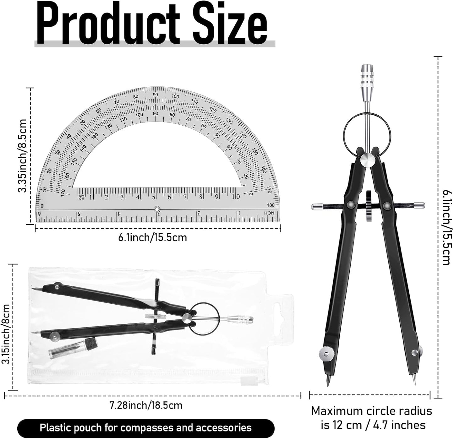 EBOOT Student Geometry Math Set, Drawing Compass and 6 Inch Clear Swing Arm Protractors 180 Degree Math Protractor (Black and Black)