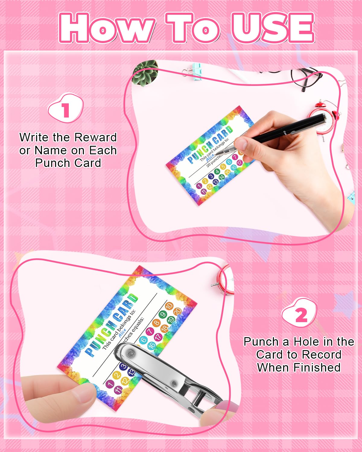 UCEC 200 Pieces Punch Cards for Classroom with Star Hole Puncher, Incentive Loyalty Reward Card with Handheld Single Punch Kit to Behavior for Business Home Classroom School Kids Students Teachers