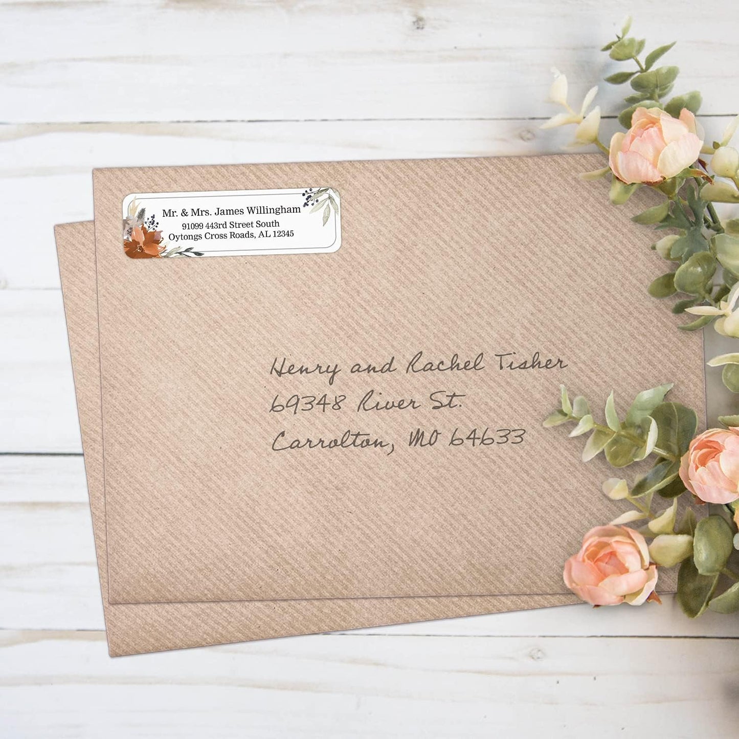 Indie Floral Rolled Address Labels/Roll of 500 Personalized Return Address Labels/Designer Return Address Stickers in Elegant Plastic Dispenser