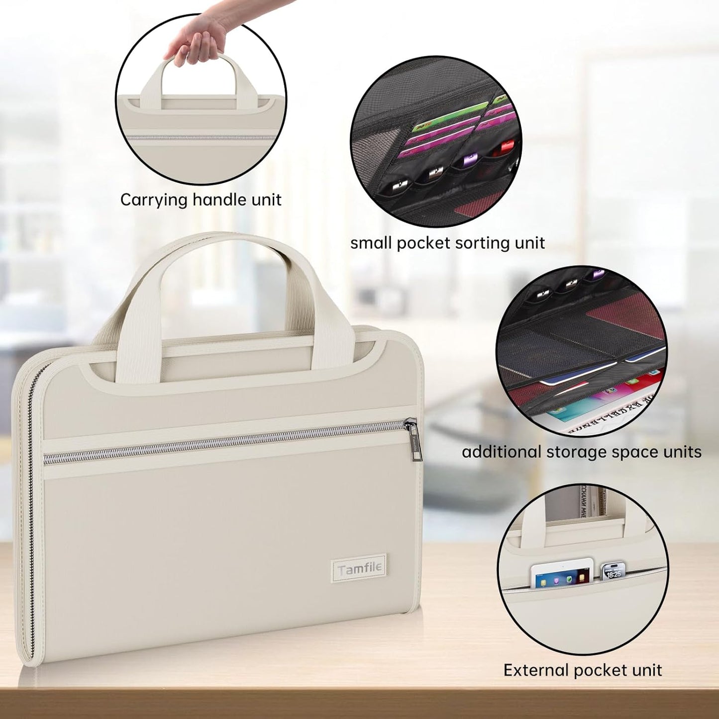 Tamfile Fireproof Accordion File Organizer with Handle, 13 Pocket Expanding File Folder with Zipper & Labels, File Folder with Multi-Pockets Paper Organizer Folder for Letter A4 Files, Beige