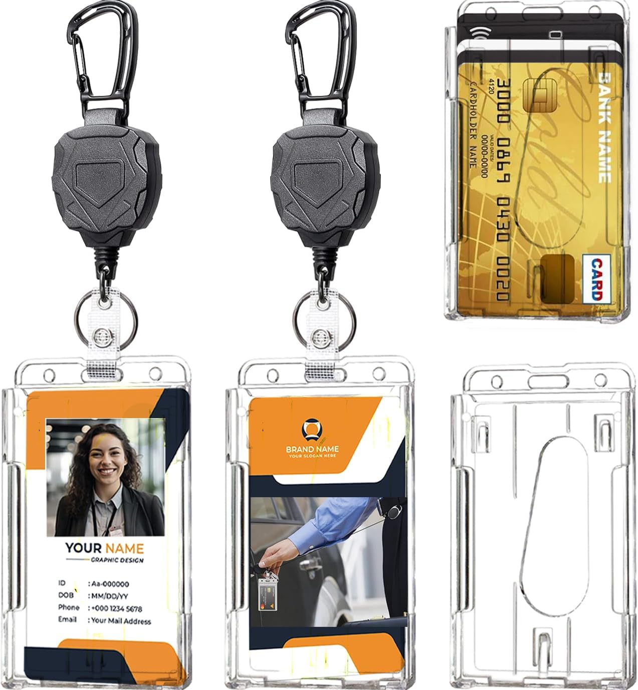 Badge Holder Retractable Clip Heavy Duty Carabiner Badge Reel Keychain with Lanyard ID Cards Holder(2 Pack)