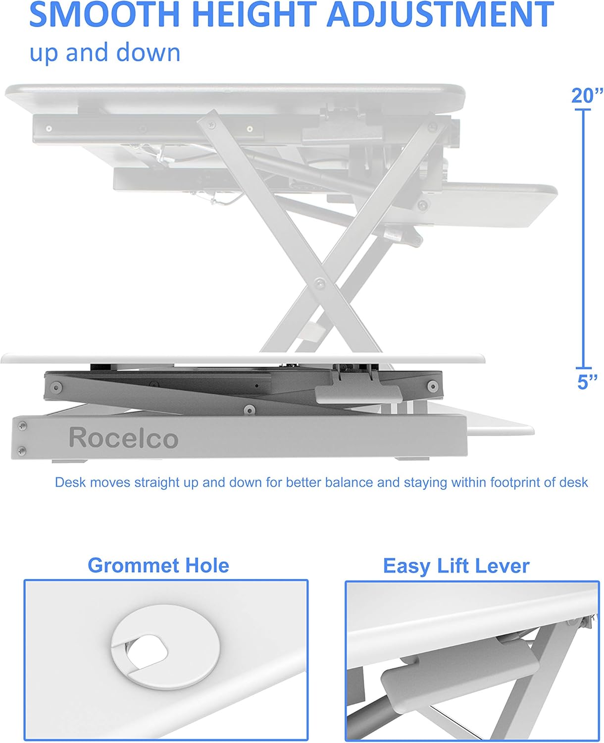 Rocelco 46" Large Height Adjustable Standing Desk Converter with Double Monitor Mount BUNDLE - Quick Sit Stand Up Computer Workstation Riser - Retractable Keyboard Tray - White (R DADRW-46-DM2)