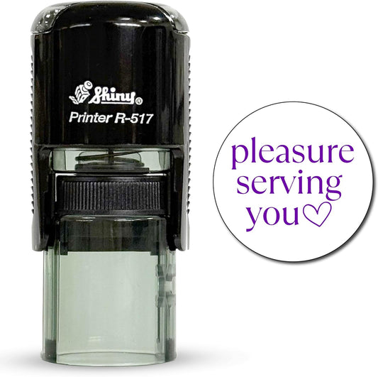 Shiny Pleasure Serving You Stamp, Round Self Inking Stamp for Office and Retail, Purple Ink