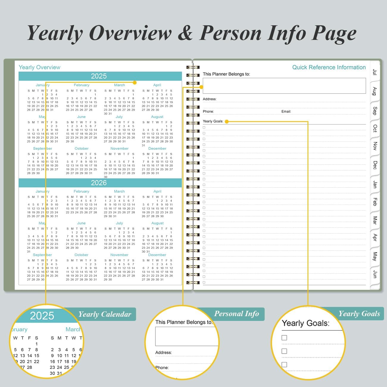 2025-2026 Planner - Academic Planner 2025-2026 from July 2025 to June 2026 with 12 Monthly Tabs, Flexible Cover, Inner Pocket, 8.5" x 11", Green