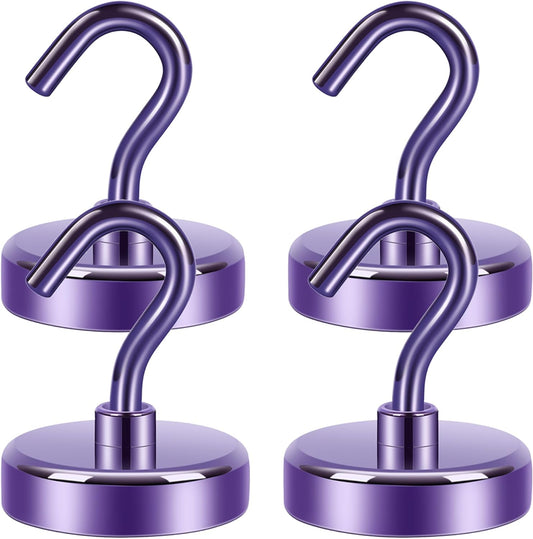 Neosmuk Magnetic Hooks Heavy Duty,Strong Magnet with Hook for Fridge, Super Neodymium Extra Strength Industrial Hooks for Hanging, Magnetic Hanger for Toolbox, Cruise, Grill(Purple,4 Pack)