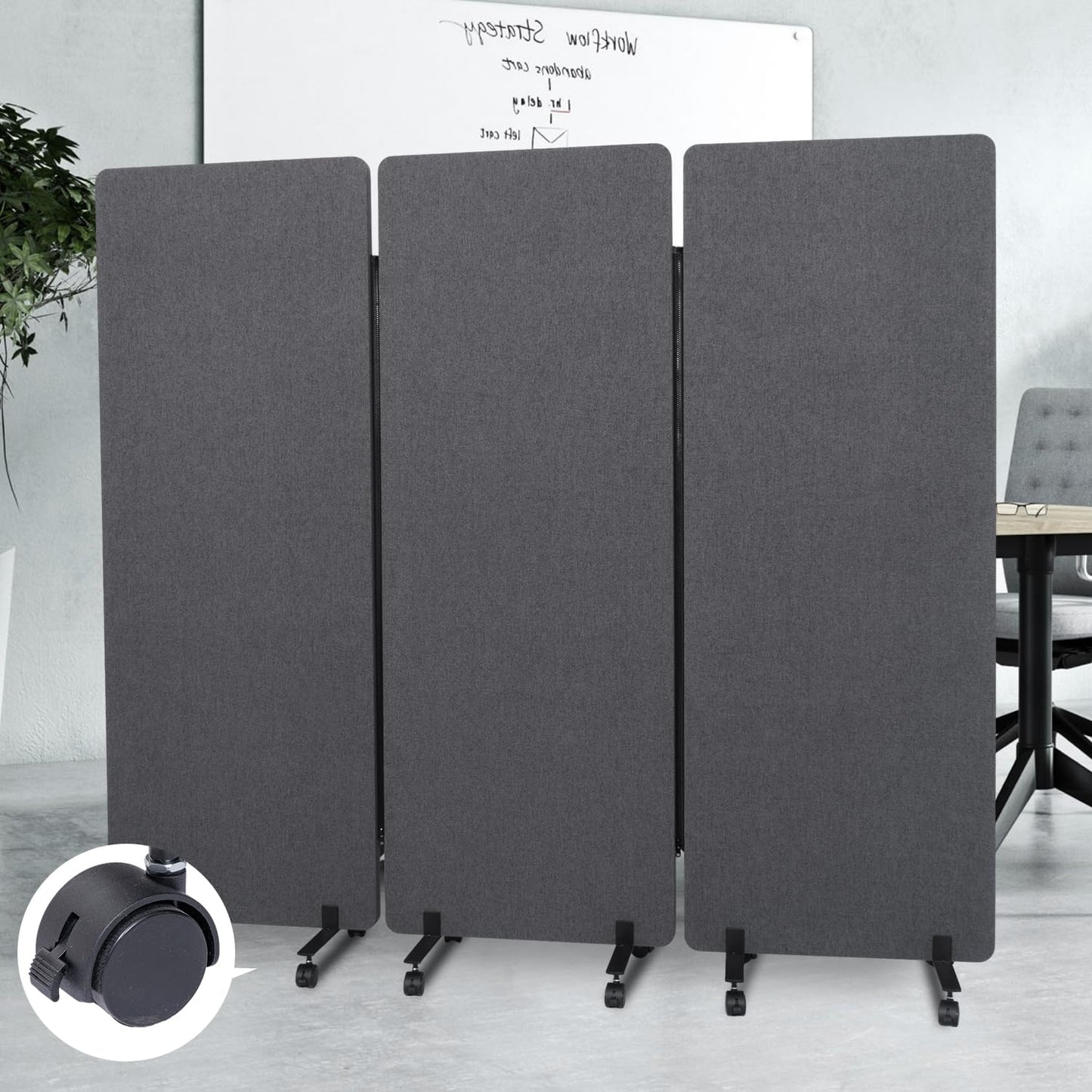 Sound Proof Dividers w/Wheels, Portable Office Wall Divider for Room Partition, Soundproof Room Divider Privacy Panel Partition Cubicle Wall Temporary Wall for Office (Dark, 3 Panel)