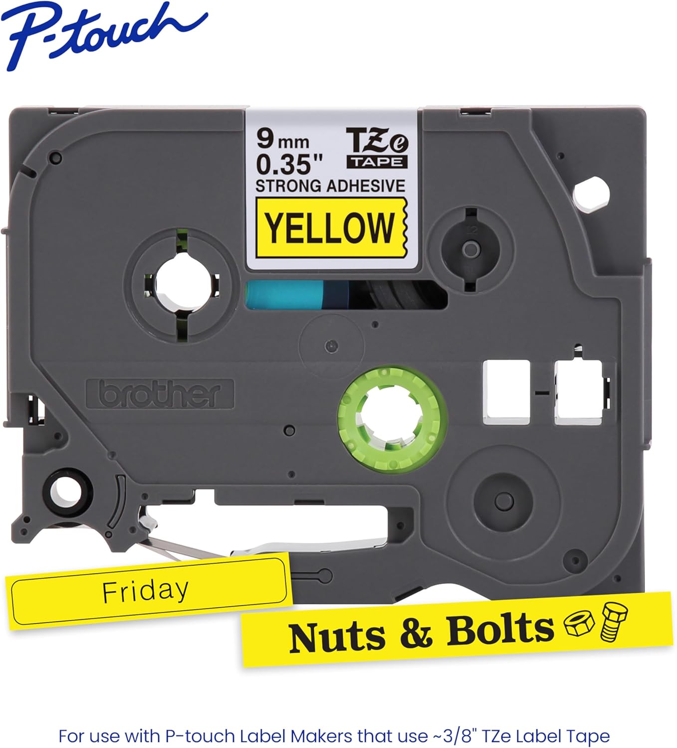 Brother Genuine P-Touch TZe Black Print on Yellow Label Tape (TZeS621), Strong Adhesive Laminated,3/8in x 26.2ft (9mm x 8m), for Select P-Touch Label Makers, Water-Resistant, Extra Strength