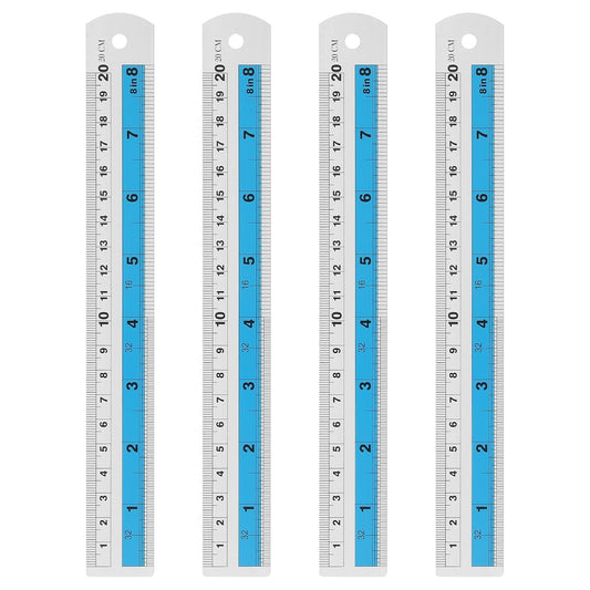 HARFINGTON 4pcs Metal Straight Ruler 20cm Metric SAE Aluminum Alloy Measuring Rulers Scale Tools with Hole for Measure Study Reading Classroom Office, Blue