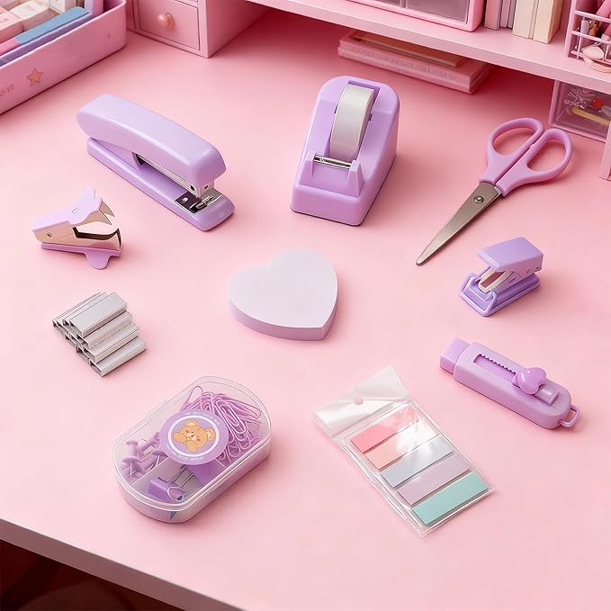 11pcs Desk Supplies Office Accessories for Women Clerks, Desk Accessories Colleagues, Purple Office Supplies with Stapler, Tape Holder, Scissors, Ruler, Staple Remover, Clips Set for School & Home