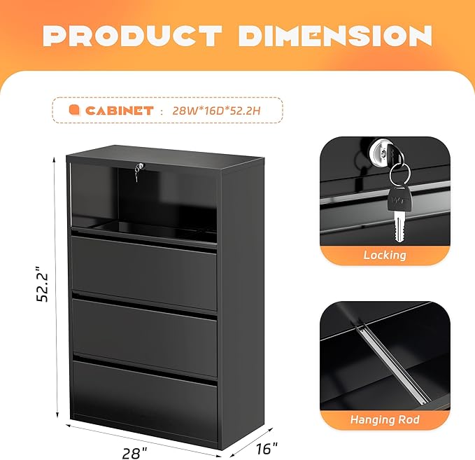 Superday Lateral File Cabinet 4 Drawer Metal File Cabinet with Lock, Black Filing Cabinets for Home Office, Locking Filing Cabinets Hanging Files Letter/Legal/F4/A4