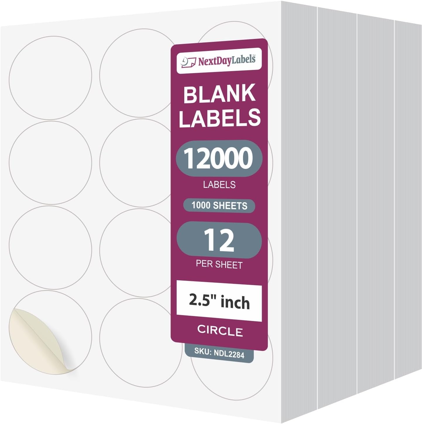 NextDayLabels 2.5 Inch Round Stickers for Printer - Matte White Blank Laser/Inkjet Printable Circles - 1000 Sheets, 12 Per Sheet, 12000 Labels