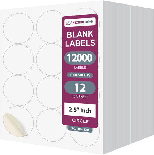 NextDayLabels 2.5 Inch Round Stickers for Printer - Matte White Blank Laser/Inkjet Printable Circles - 1000 Sheets, 12 Per Sheet, 12000 Labels