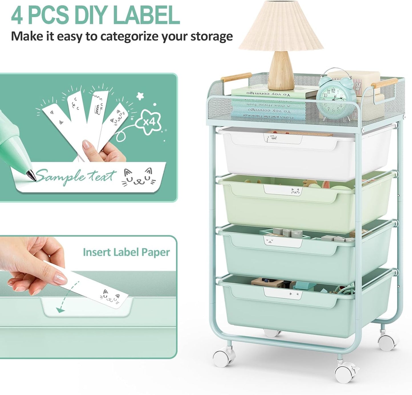 Rolling Utility Storage Cart with 4 Drawers - 4 Tiers Rolling Cart Craft Cart, Storage Drawer Cart Organizer for Craft Room Office Bedroom Classroom with Mesh Top & 4 PCS DIY Lable, Green